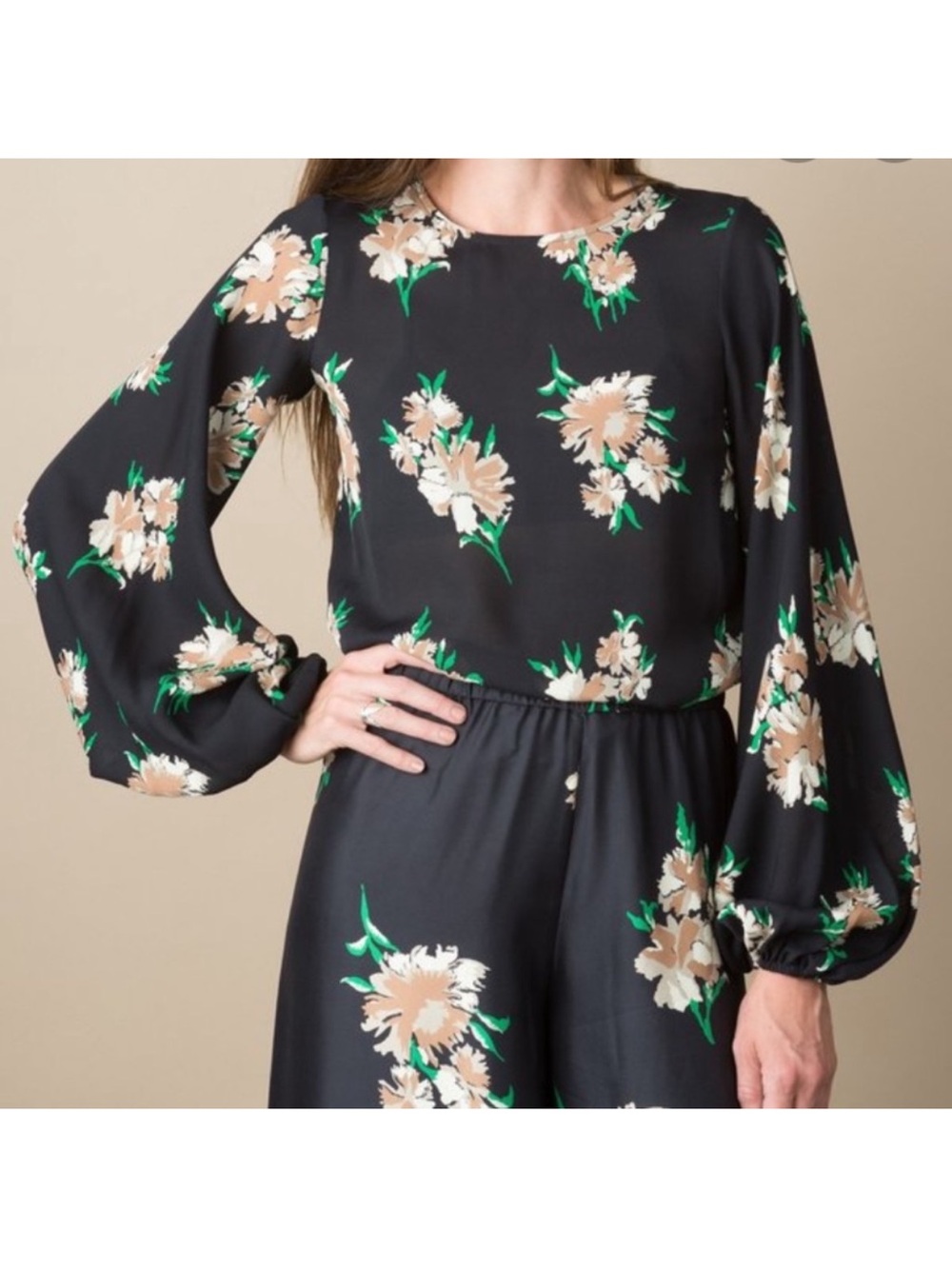 No.6 100%?Silk Wheat Winter balloon top size 1 / small black green tan floral